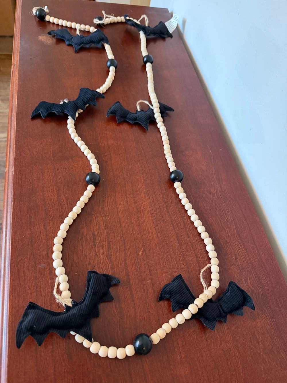 Halloween Bat Garland Black Fabric Bats Natural Wood Beads Farmhouse Decor